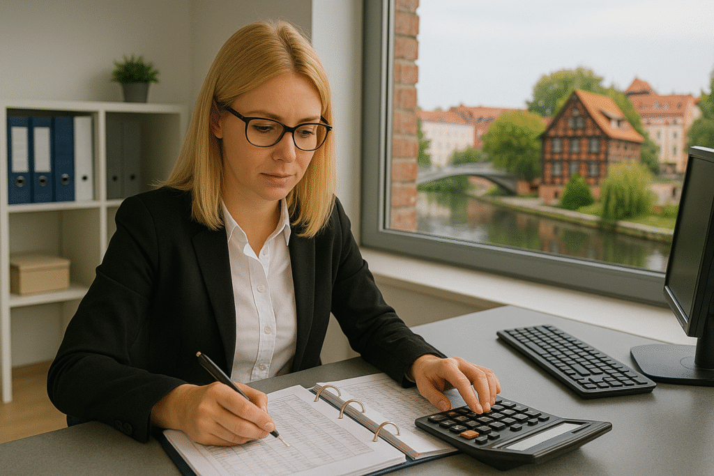 Księgowa w trakcie pracy w biurze w widokiem na wyspę młyńską w Bydgoszczy