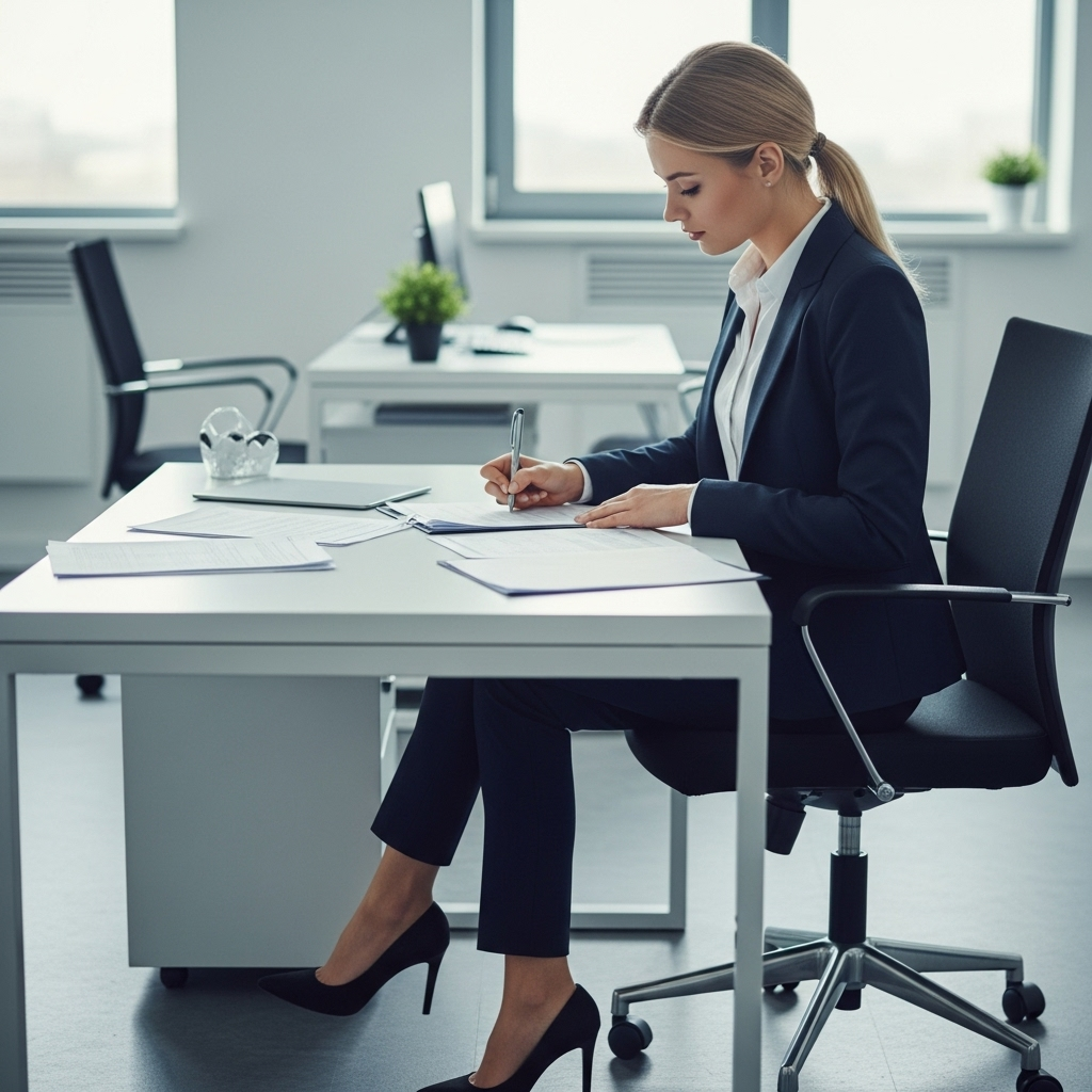 Kobieta w stroju biznesowym, widziana z profilu, siedzi przy biurku i pracuje nad dokumentacją.